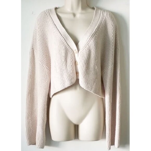 Weekend Stories Alice Crop Ribbed Knit Bell Sleeve Cardigan M Neutral/Beige - Picture 2 of 6